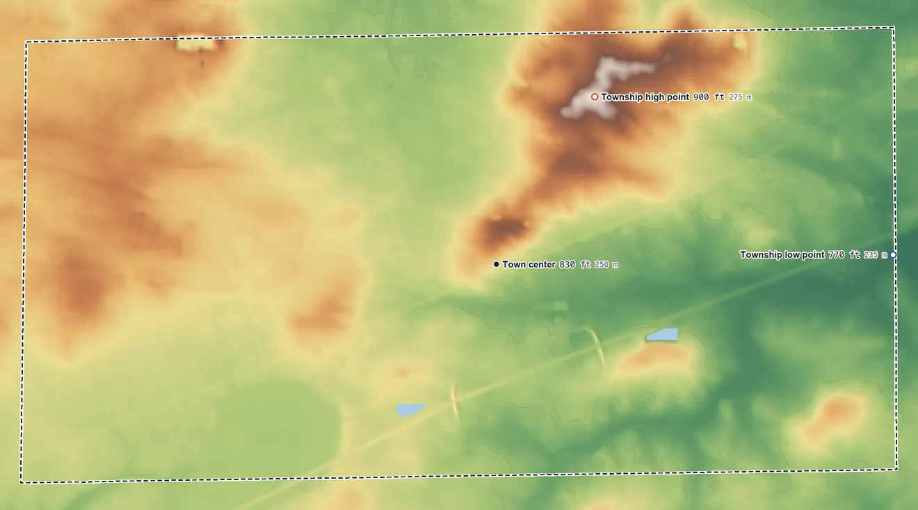 Topographic elevation map of Ashton Township, Illinois, shaded from 770 ft on the east side to 900 ft on the northeast side