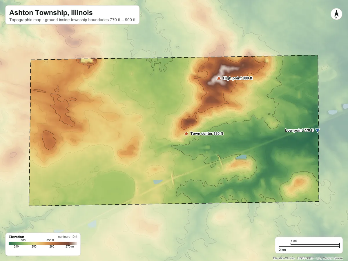 Topographic elevation map of Ashton Township, Illinois, shaded from 770 ft on the east side to 900 ft on the northeast side