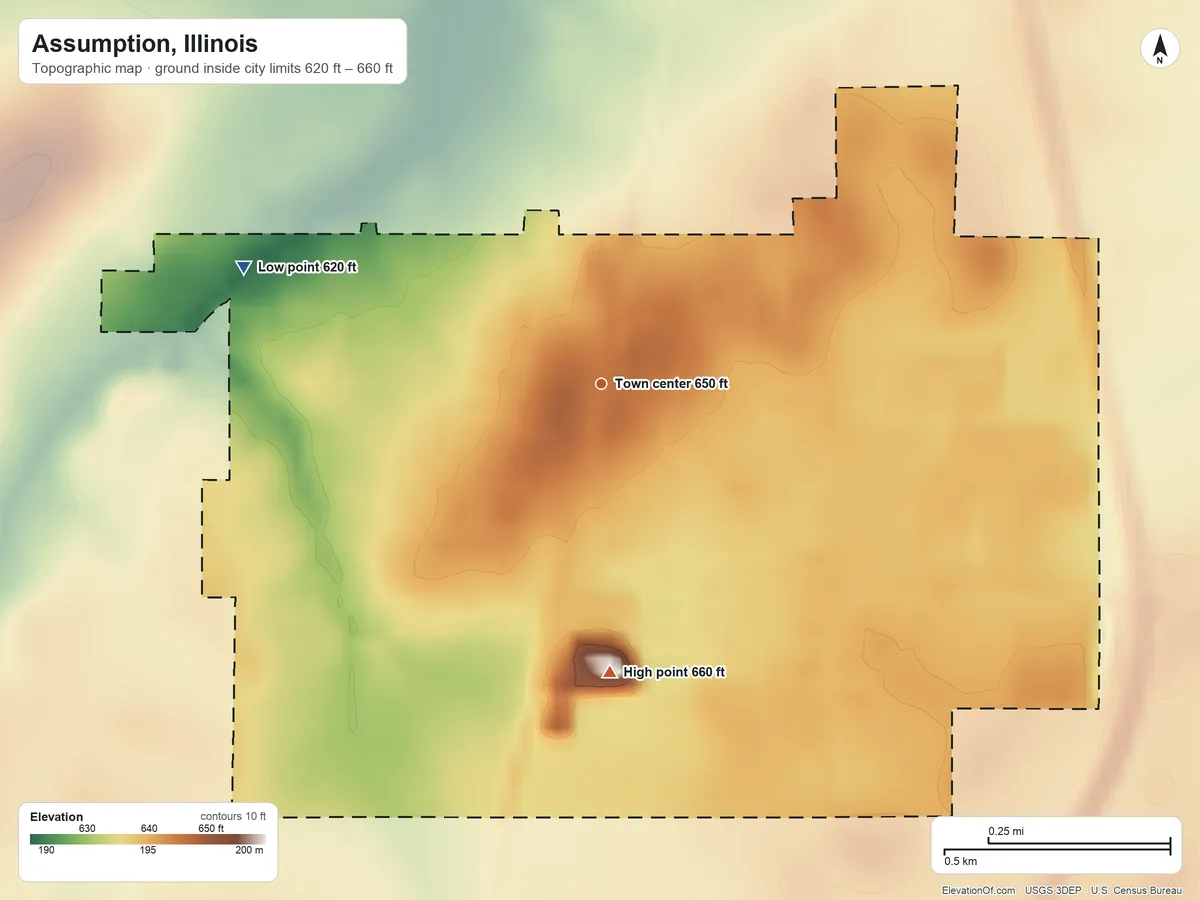Topographic elevation map of Assumption, Illinois, shaded from 620 ft on the west side to 660 ft on the south side