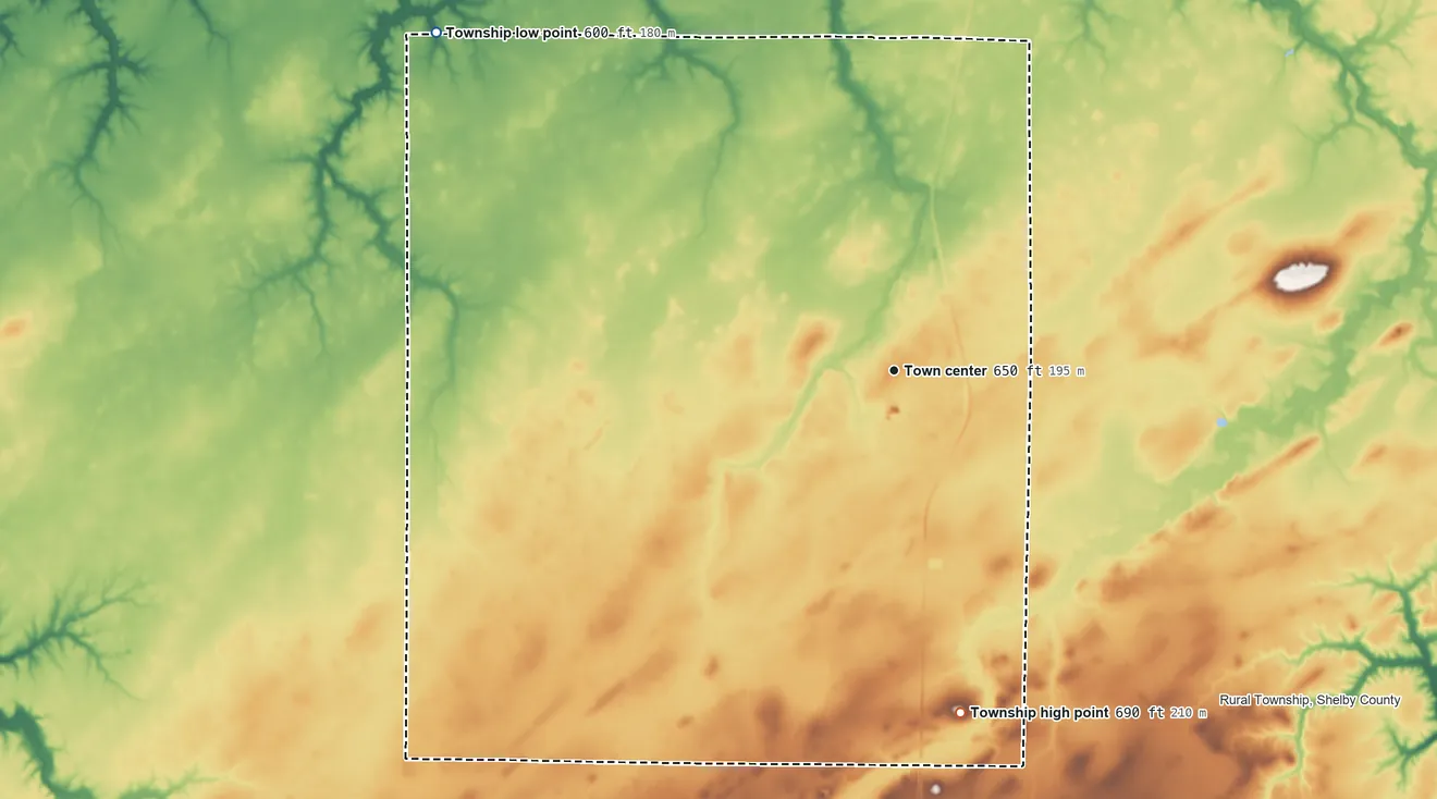 Topographic elevation map of Assumption Township, Illinois, shaded from 600 ft on the northwest side to 690 ft on the south side