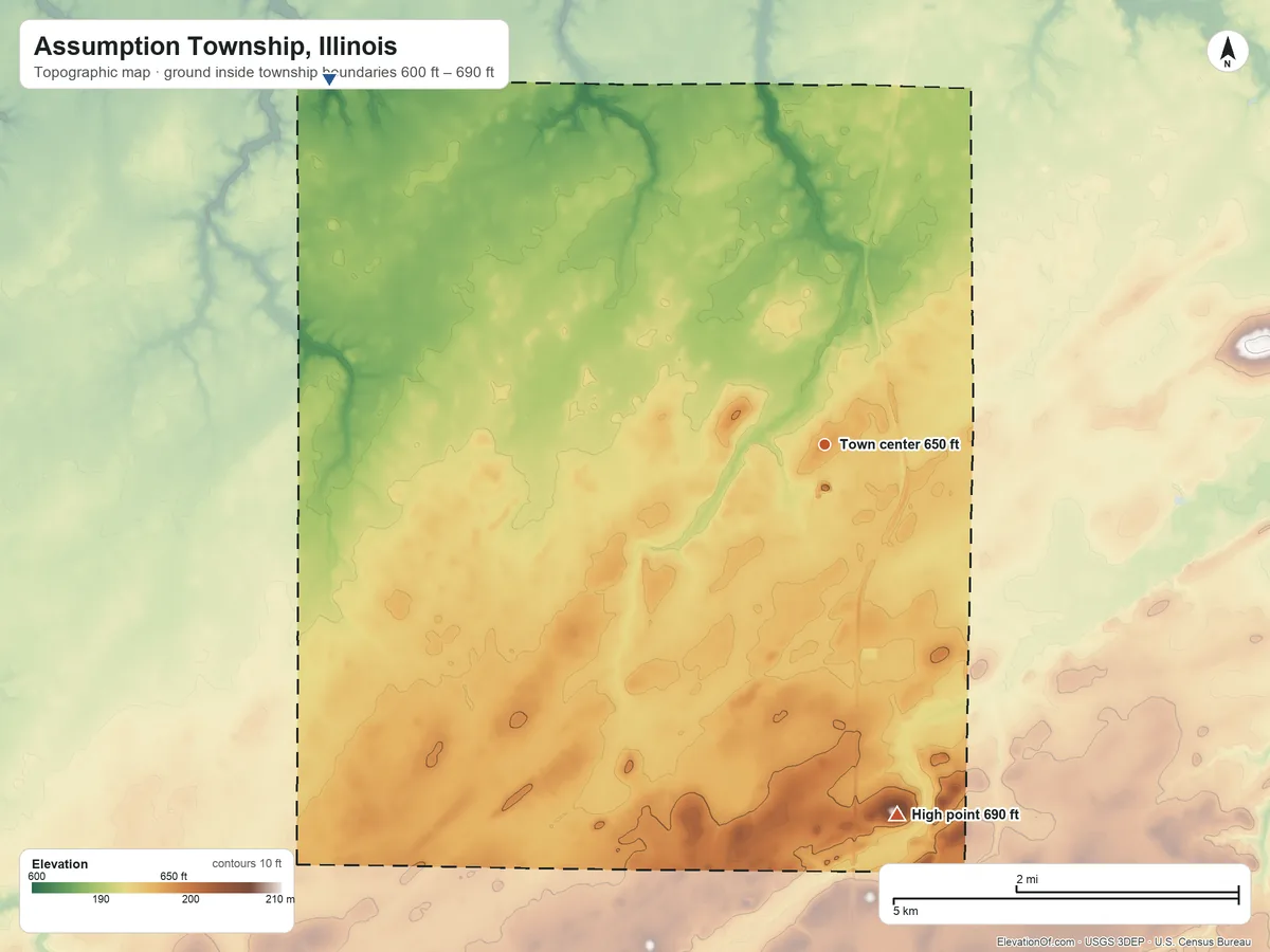 Topographic elevation map of Assumption Township, Illinois, shaded from 600 ft on the northwest side to 690 ft on the south side