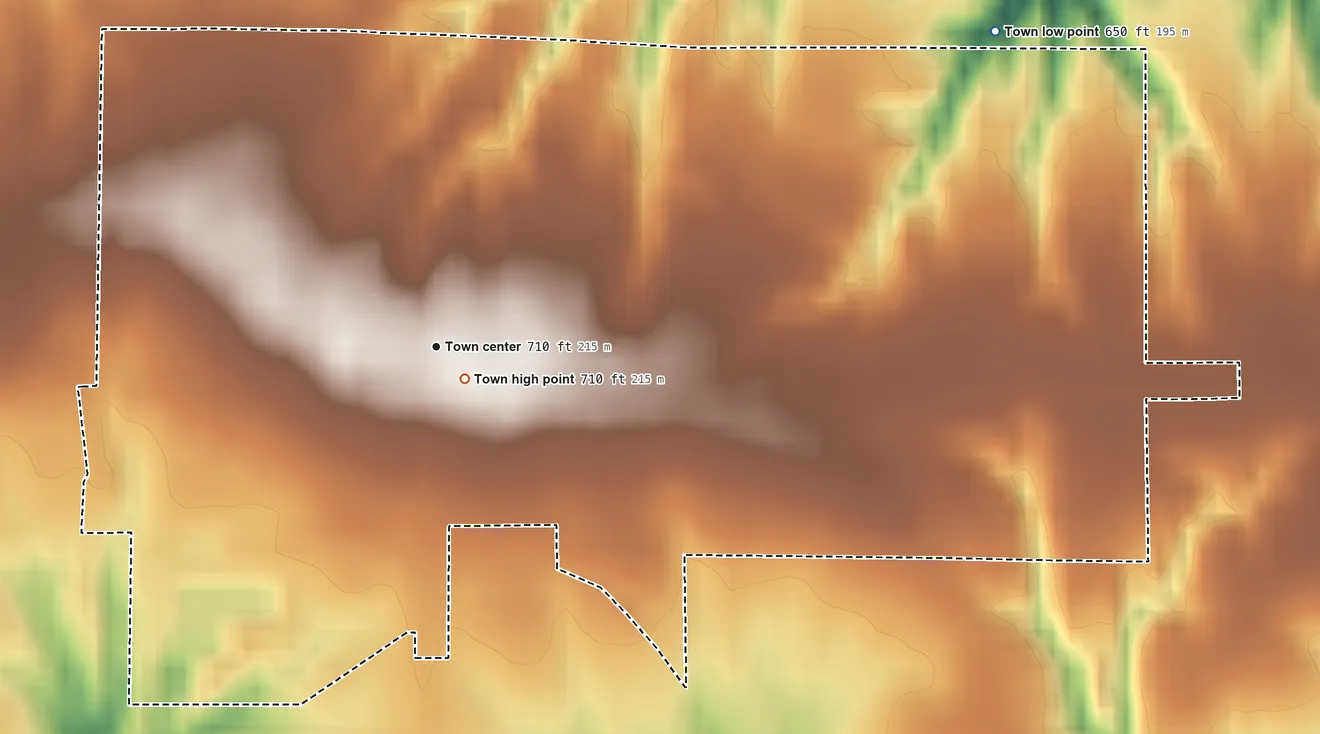 Topographic elevation map of Astoria, Illinois, shaded from 650 ft on the northeast side to 710 ft near the middle