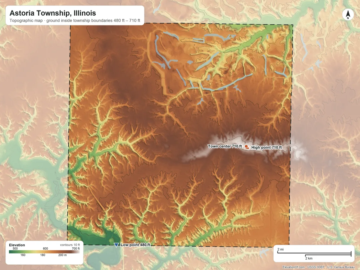 Topographic elevation map of Astoria Township, Illinois, shaded from 480 ft on the southwest side to 710 ft near the middle
