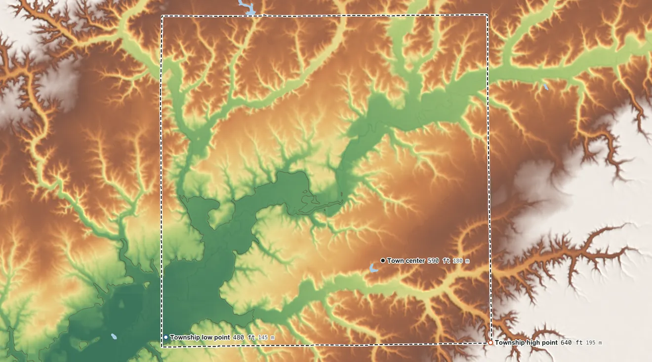 Topographic elevation map of Athensville Township, Illinois, shaded from 480 ft on the west side to 640 ft on the southeast side