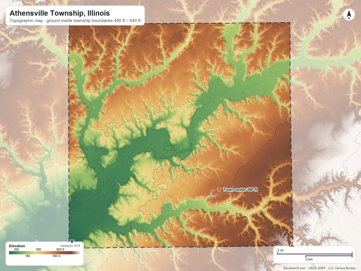 Topographic elevation map of Athensville Township, Illinois, shaded from 480 ft on the west side to 640 ft on the southeast side