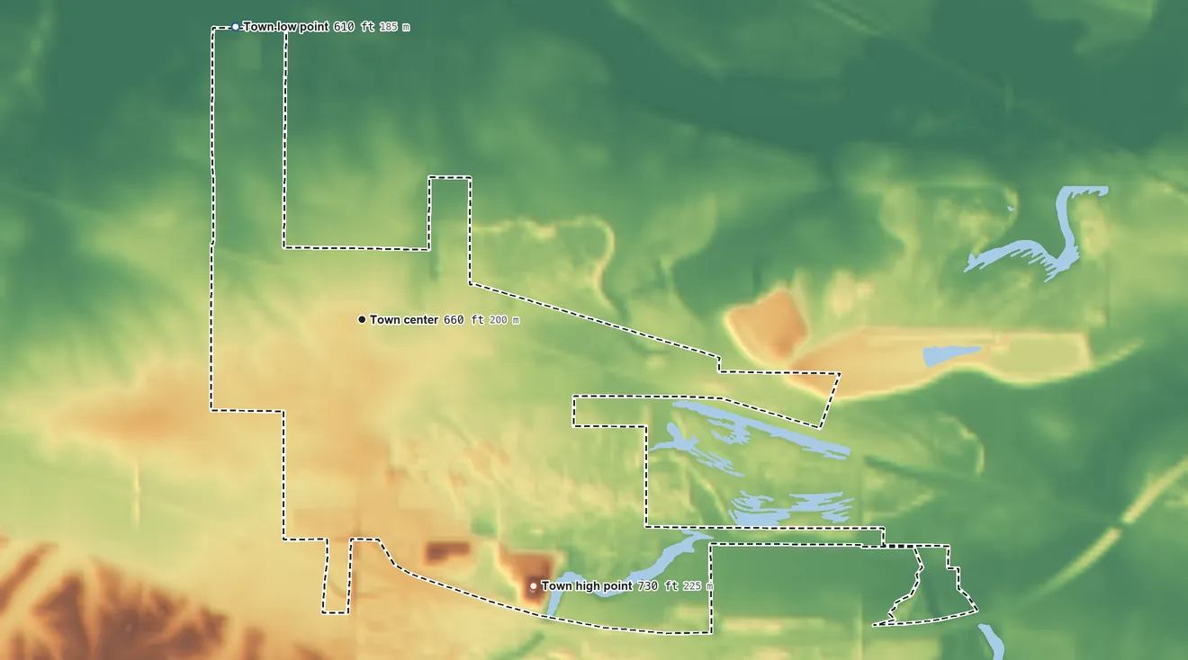 Topographic elevation map of Atkinson, Illinois, shaded from 610 ft on the northwest side to 730 ft on the southeast side