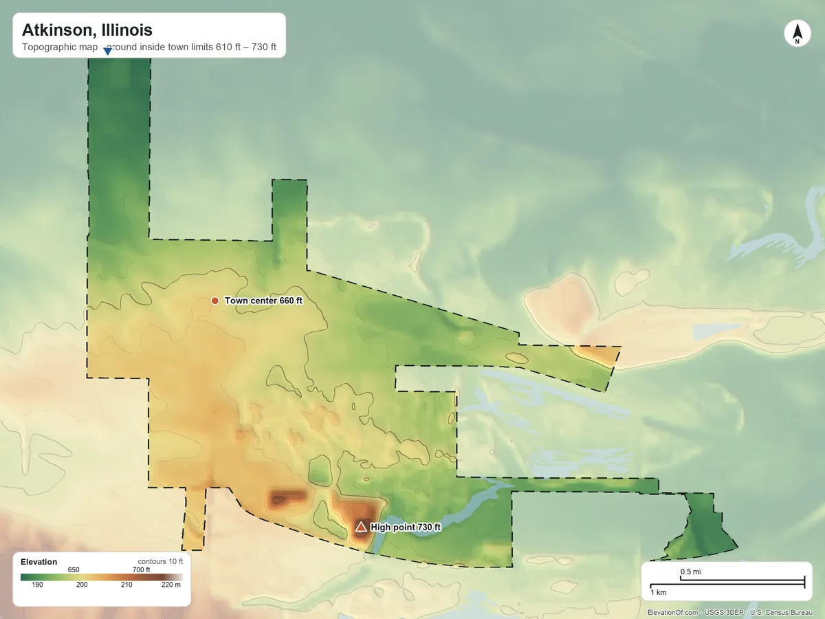 Topographic elevation map of Atkinson, Illinois, shaded from 610 ft on the northwest side to 730 ft on the southeast side