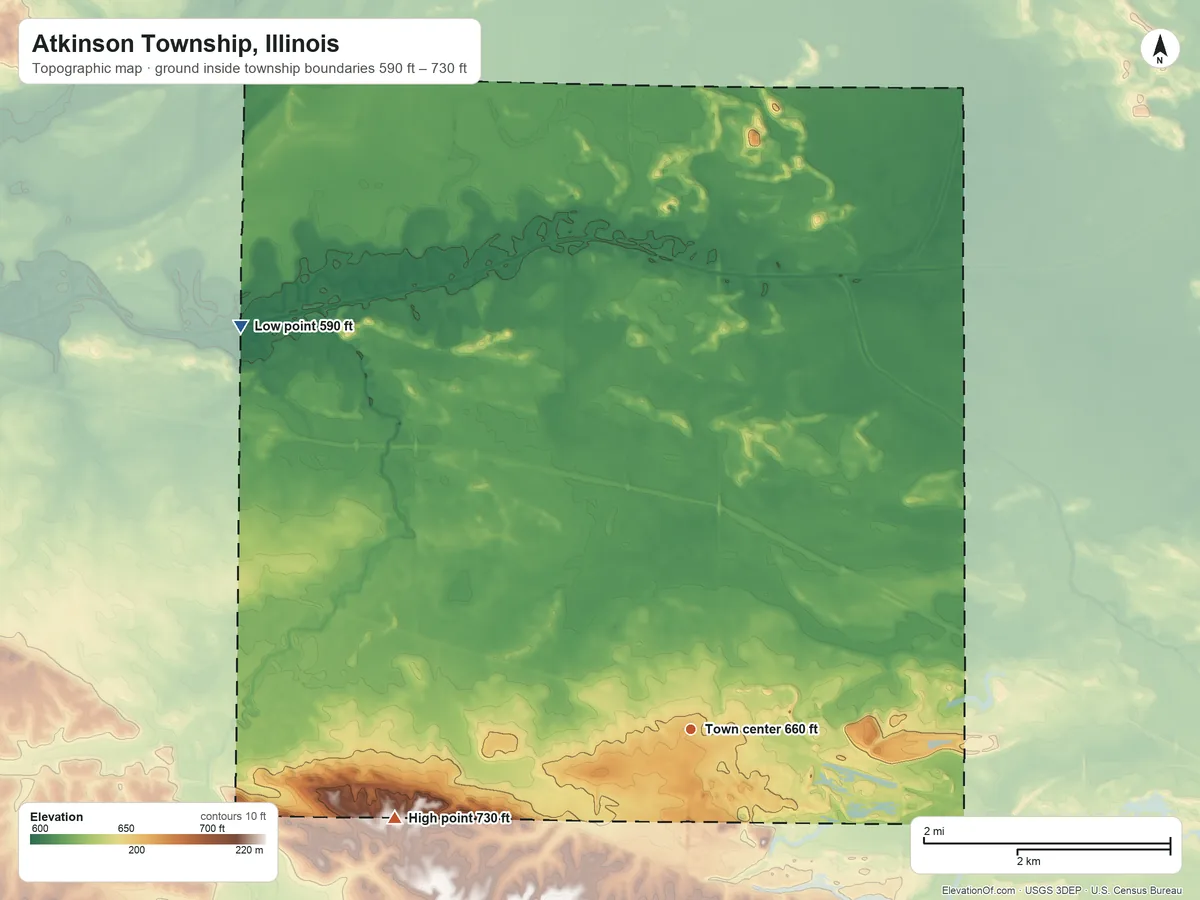 Topographic elevation map of Atkinson Township, Illinois, shaded from 590 ft on the northwest side to 730 ft on the west side