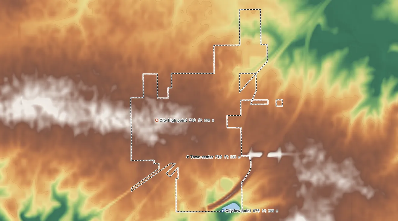 Topographic elevation map of Atlanta, Illinois, shaded from 670 ft on the southeast side to 730 ft on the northwest side