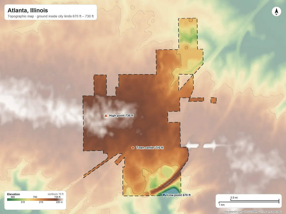 Topographic elevation map of Atlanta, Illinois, shaded from 670 ft on the southeast side to 730 ft on the northwest side