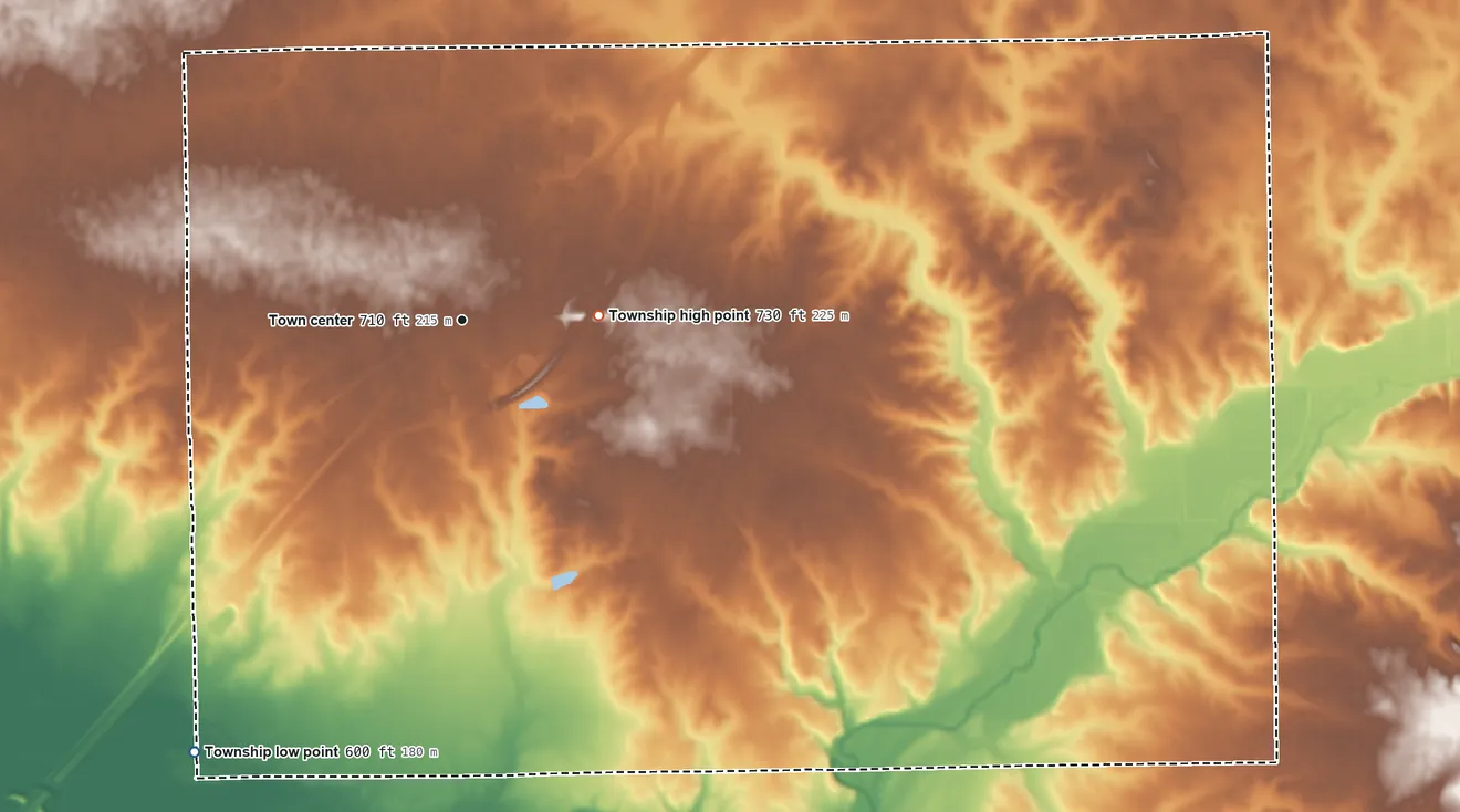 Topographic elevation map of Atlanta Township, Illinois, shaded from 600 ft on the southwest side to 730 ft on the east side