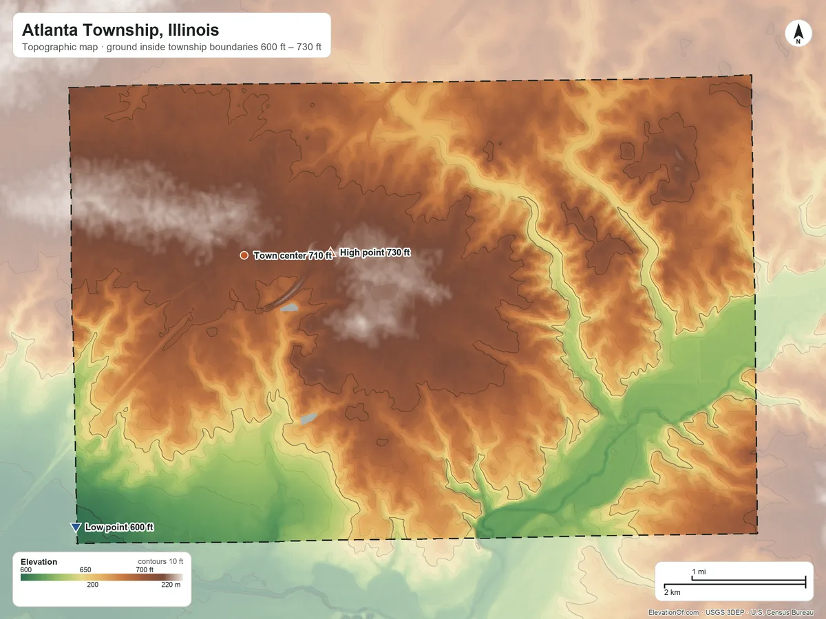 Topographic elevation map of Atlanta Township, Illinois, shaded from 600 ft on the southwest side to 730 ft on the east side