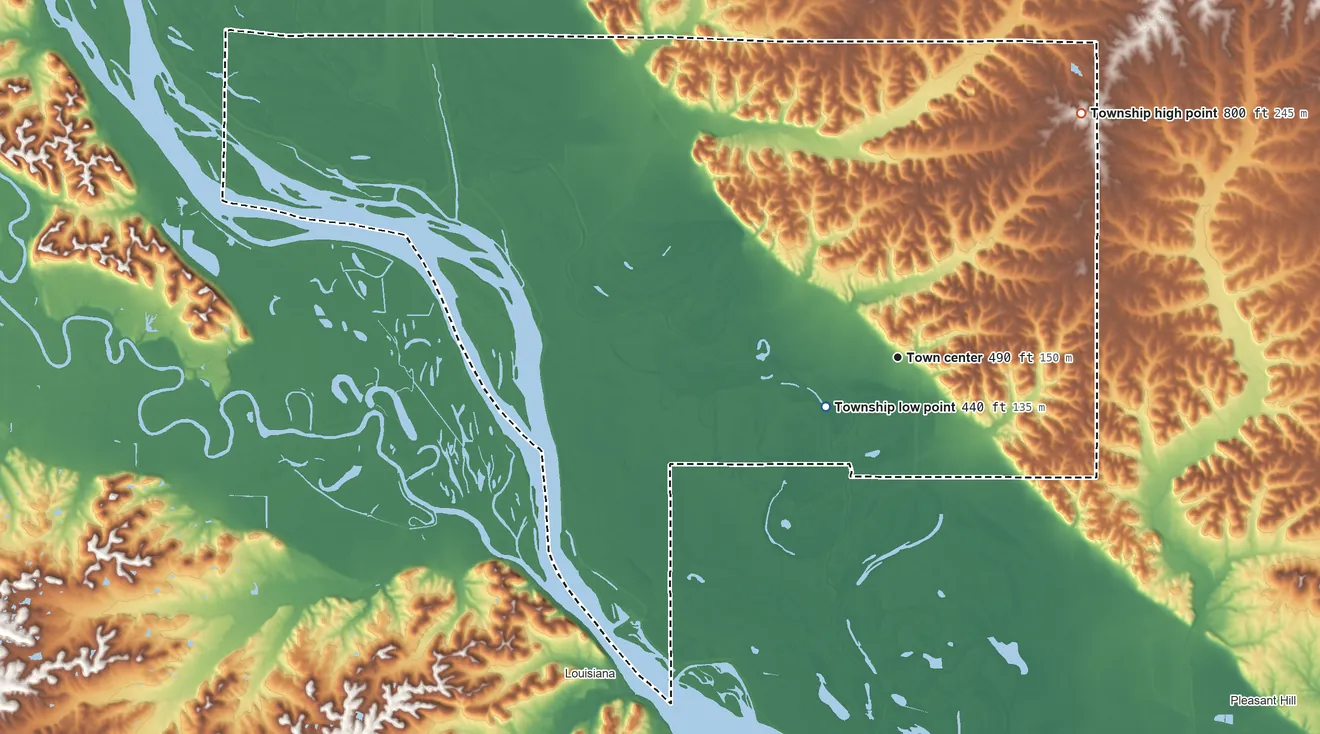 Topographic elevation map of Atlas Township, Illinois, shaded from 440 ft near the middle to 800 ft on the northeast side