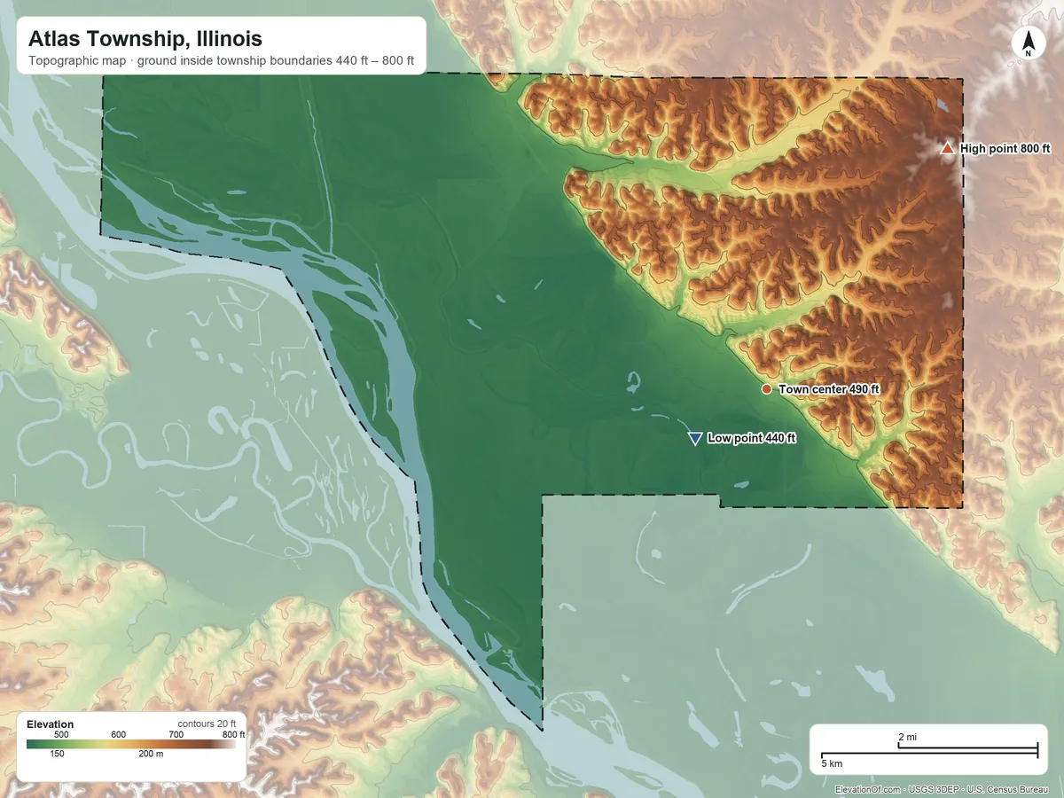 Topographic elevation map of Atlas Township, Illinois, shaded from 440 ft near the middle to 800 ft on the northeast side
