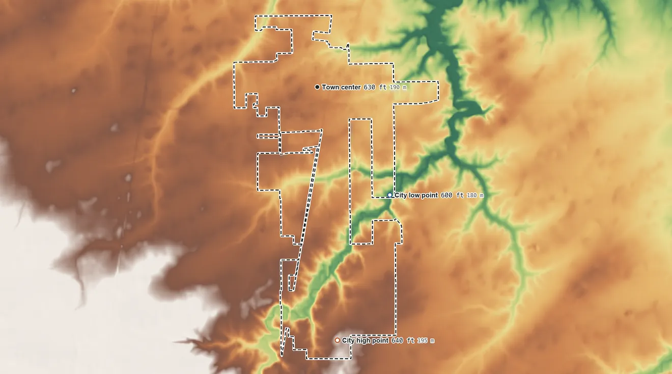 Topographic elevation map of Auburn, Illinois, shaded from 600 ft on the southeast side to 640 ft on the south side