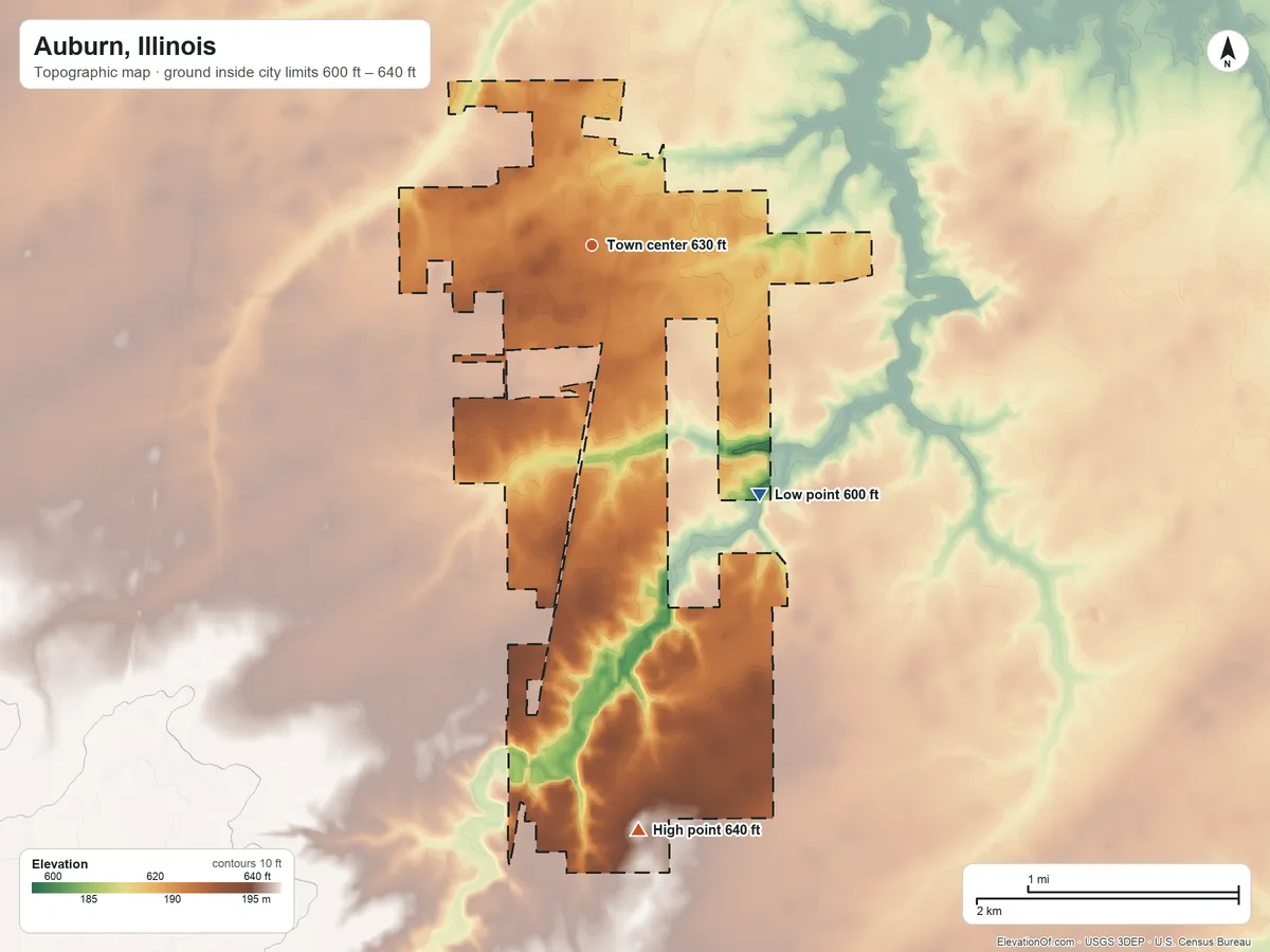 Topographic elevation map of Auburn, Illinois, shaded from 600 ft on the southeast side to 640 ft on the south side