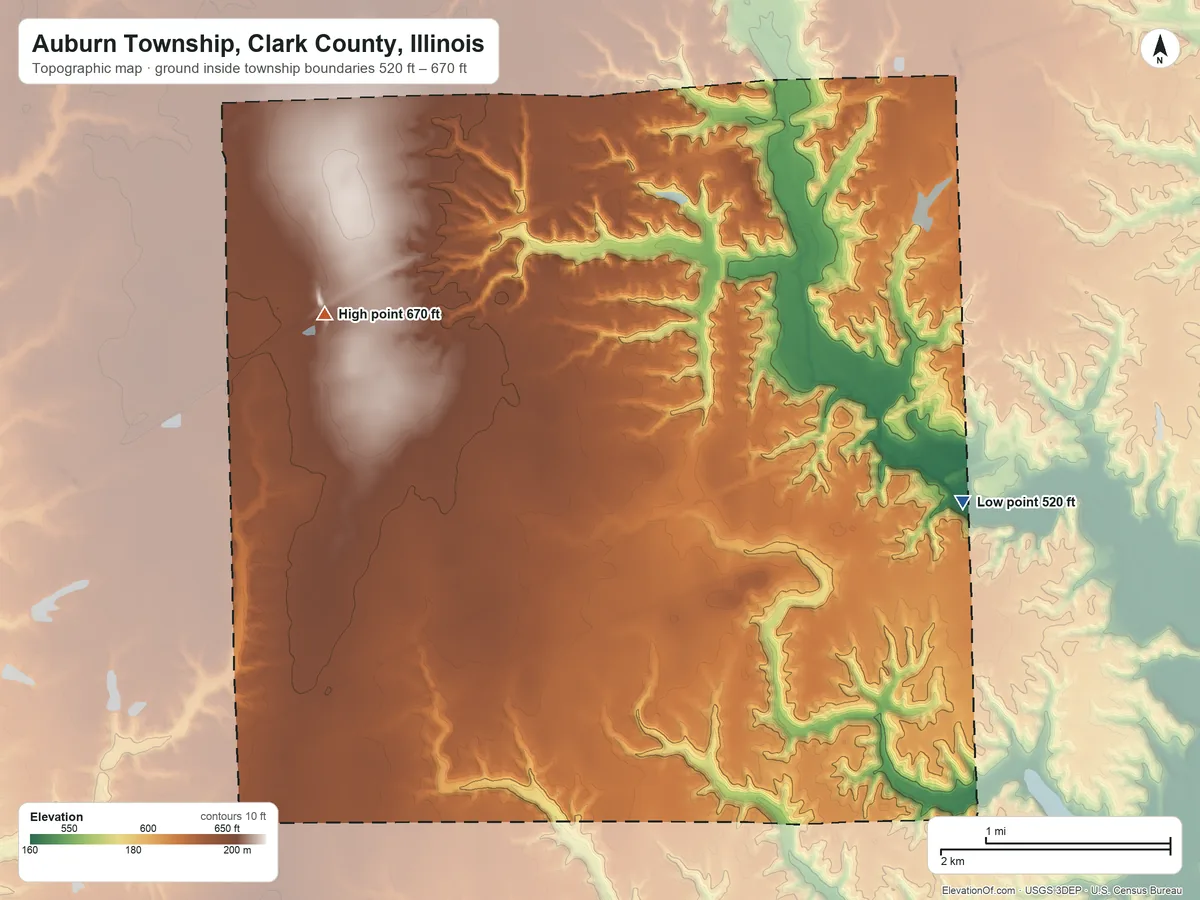 Topographic elevation map of Auburn Township, Clark County, Illinois, shaded from 520 ft on the east side to 670 ft on the west side