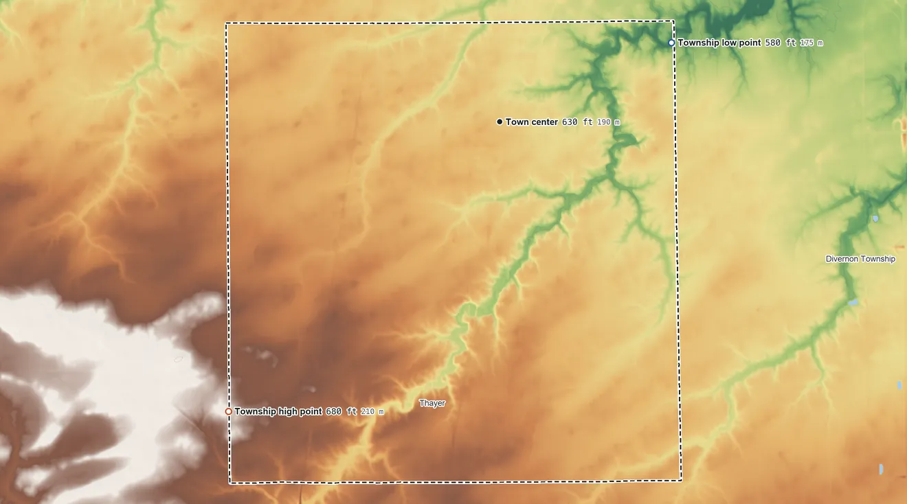 Topographic elevation map of Auburn Township, Illinois, shaded from 580 ft on the northeast side to 680 ft on the southwest side
