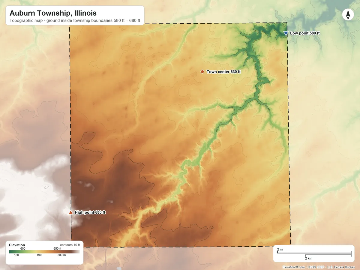 Topographic elevation map of Auburn Township, Illinois, shaded from 580 ft on the northeast side to 680 ft on the southwest side