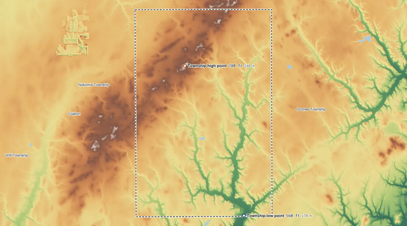 Topographic elevation map of Audubon Township, Illinois, shaded from 560 ft on the southeast side to 780 ft near the middle