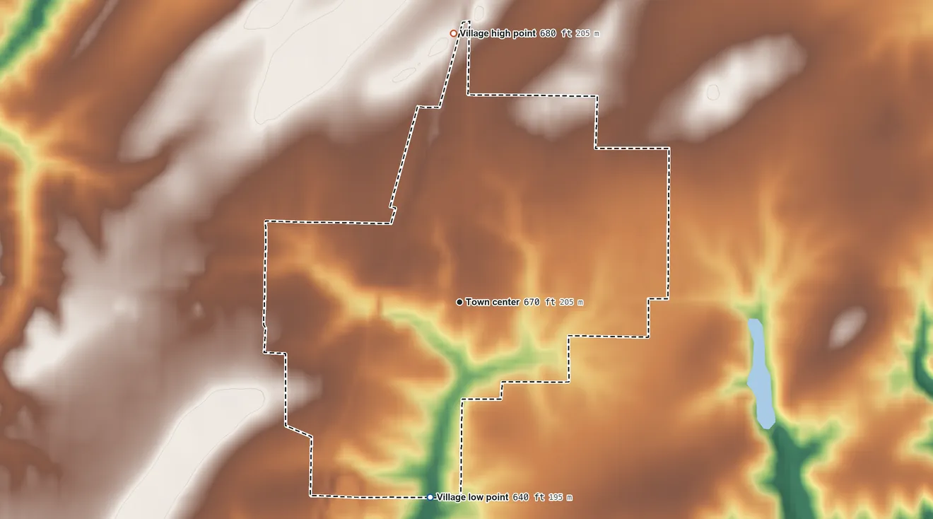 Topographic elevation map of Augusta, Illinois, shaded from 640 ft on the south side to 680 ft on the north side