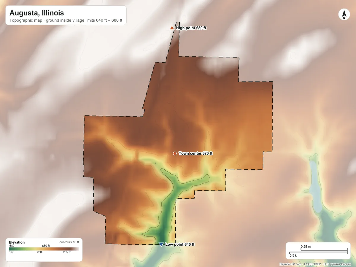 Topographic elevation map of Augusta, Illinois, shaded from 640 ft on the south side to 680 ft on the north side