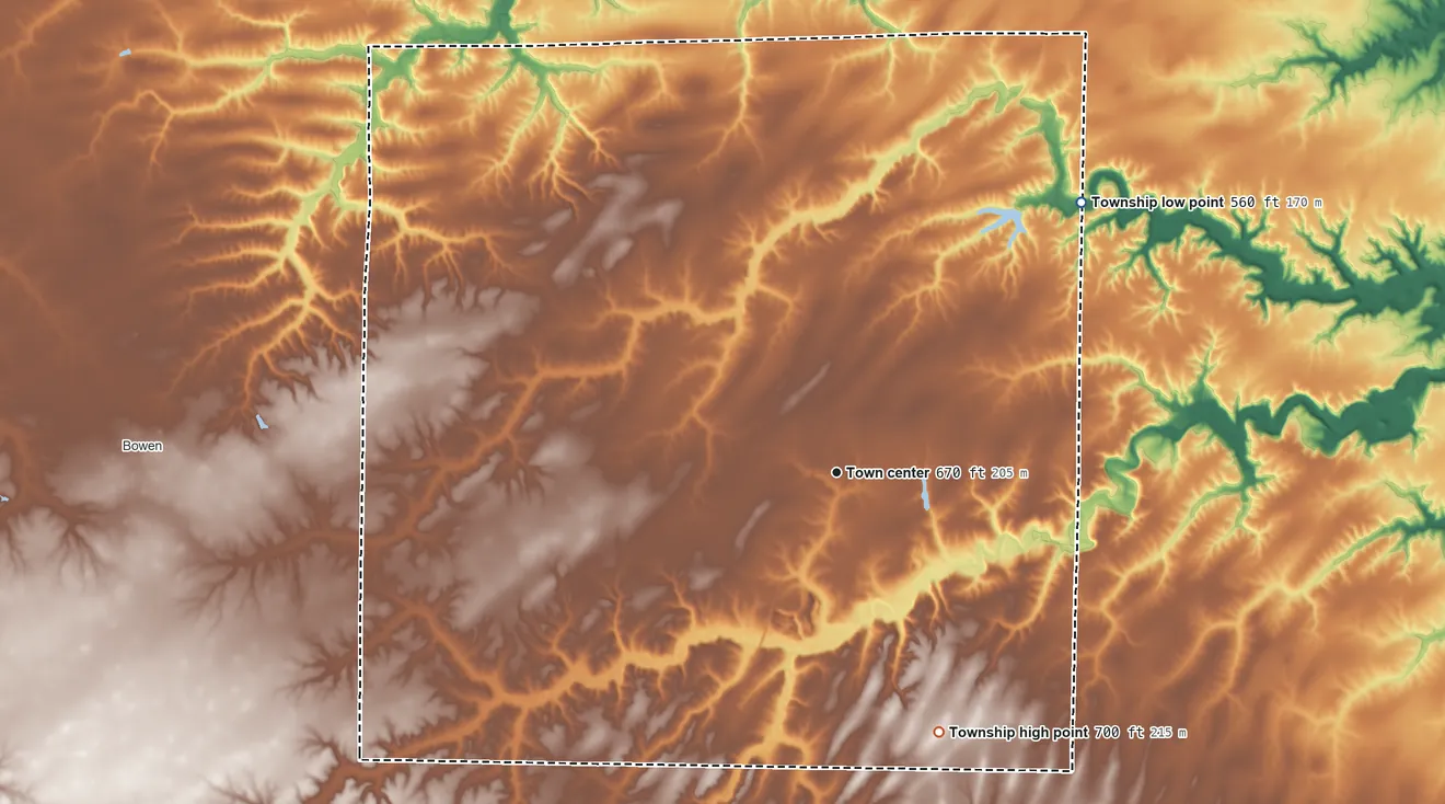 Topographic elevation map of Augusta Township, Illinois, shaded from 560 ft on the northeast side to 700 ft on the south side