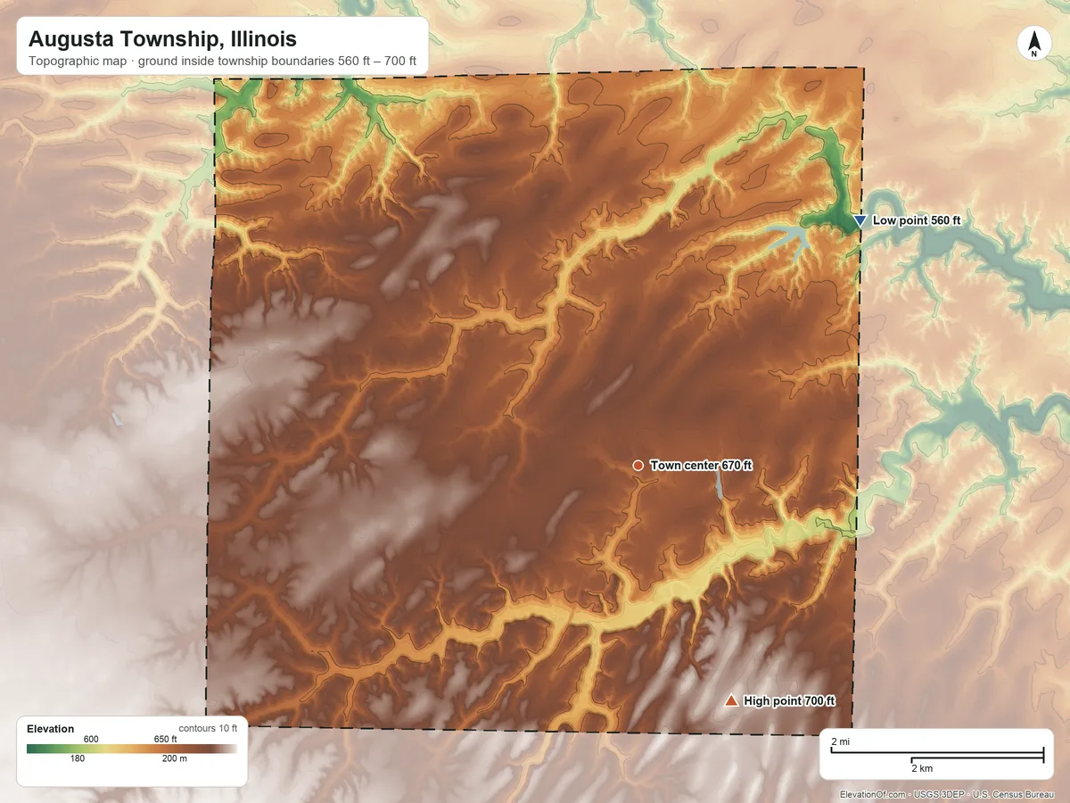 Topographic elevation map of Augusta Township, Illinois, shaded from 560 ft on the northeast side to 700 ft on the south side