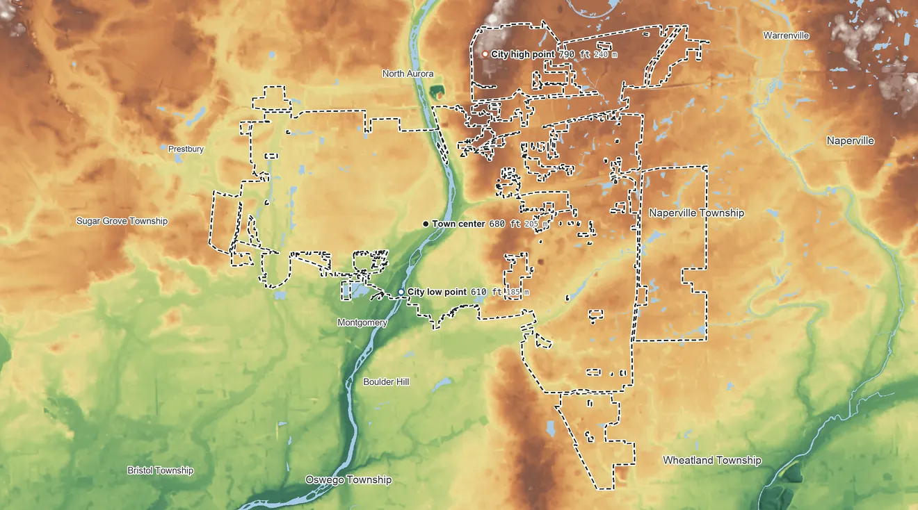 Topographic elevation map of Aurora, Illinois, shaded from 610 ft on the south side to 790 ft on the north side