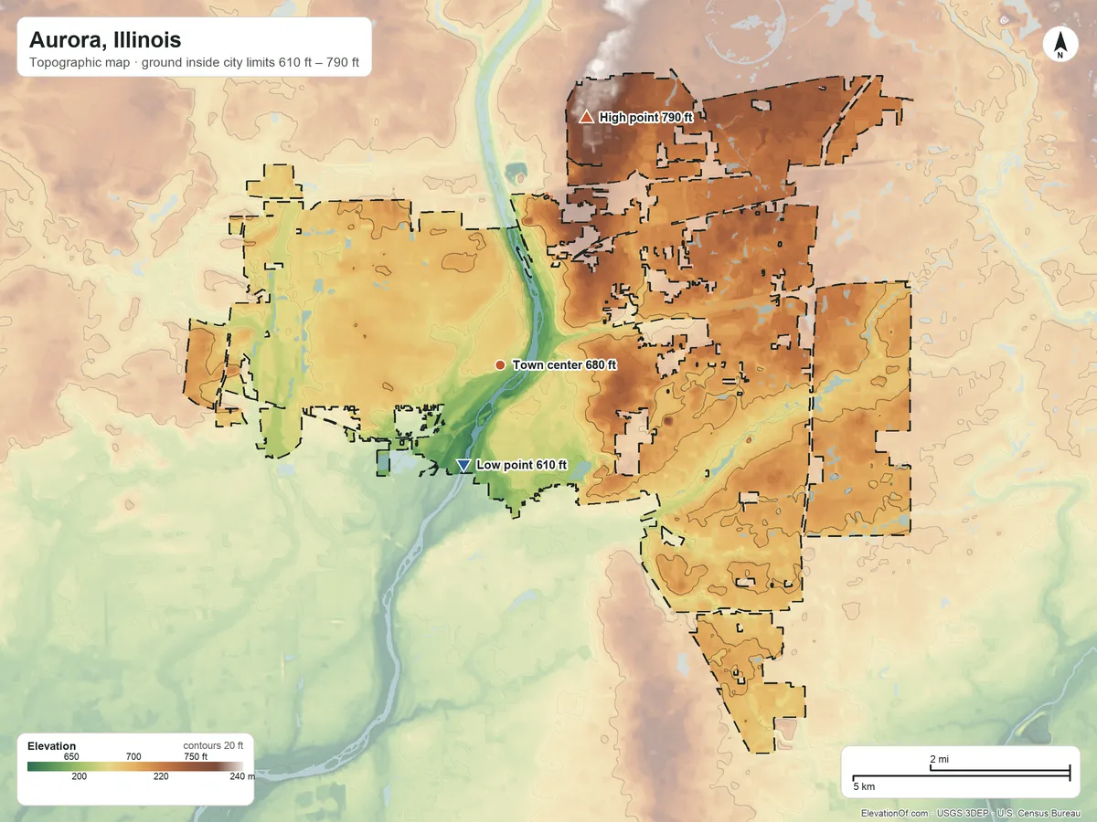 Topographic elevation map of Aurora, Illinois, shaded from 610 ft on the south side to 790 ft on the north side