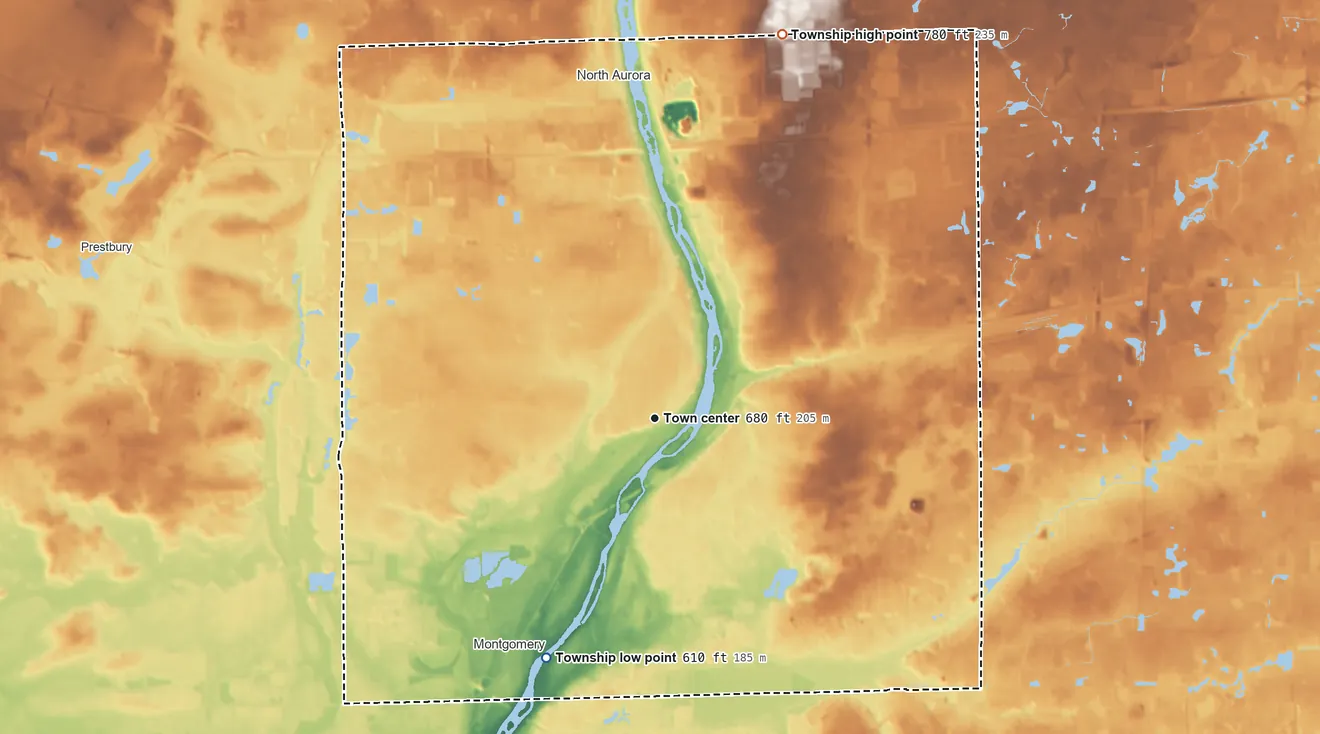 Topographic elevation map of Aurora Township, Illinois, shaded from 610 ft on the southwest side to 780 ft on the north side