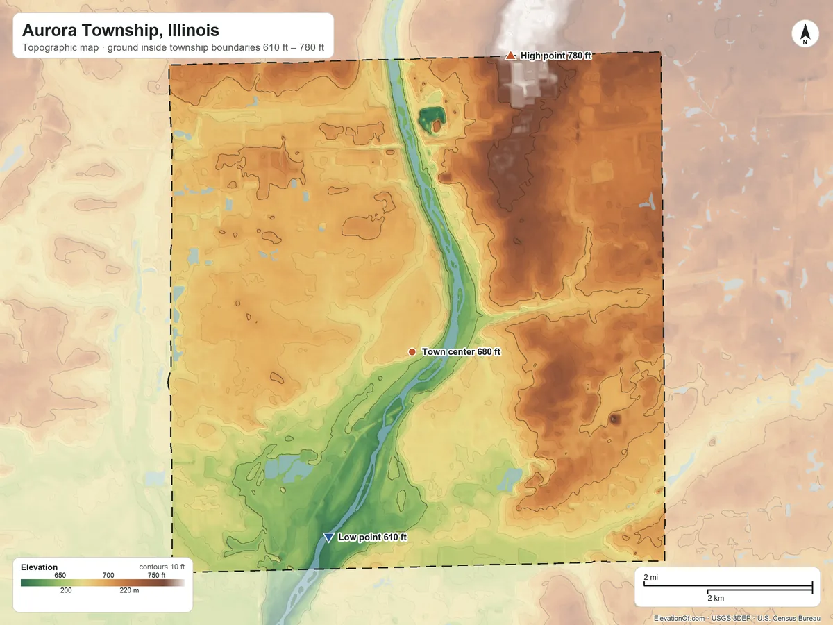 Topographic elevation map of Aurora Township, Illinois, shaded from 610 ft on the southwest side to 780 ft on the north side