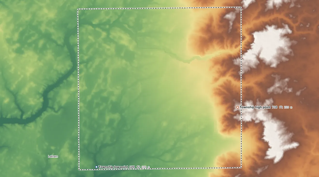 Topographic elevation map of Austin Township, Illinois, shaded from 600 ft on the southwest side to 730 ft on the east side