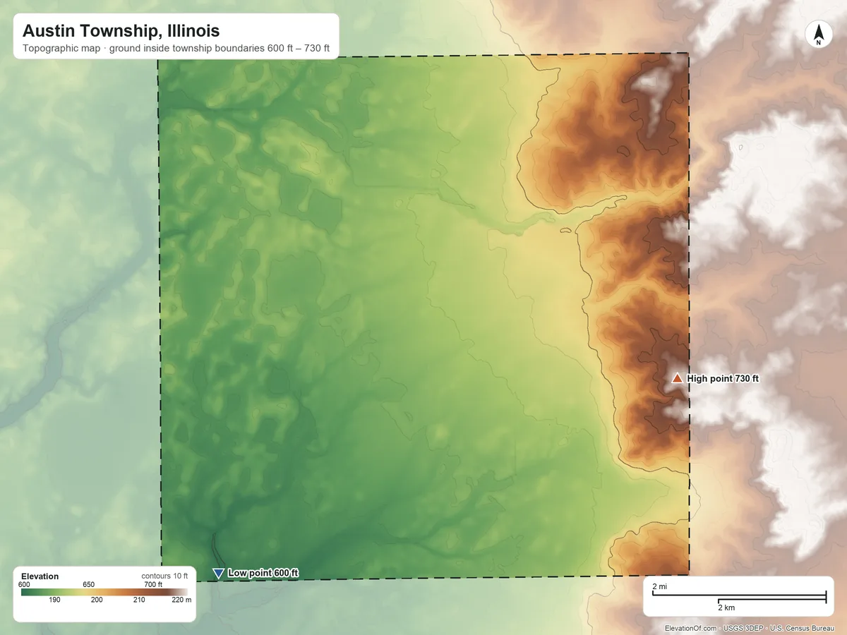 Topographic elevation map of Austin Township, Illinois, shaded from 600 ft on the southwest side to 730 ft on the east side