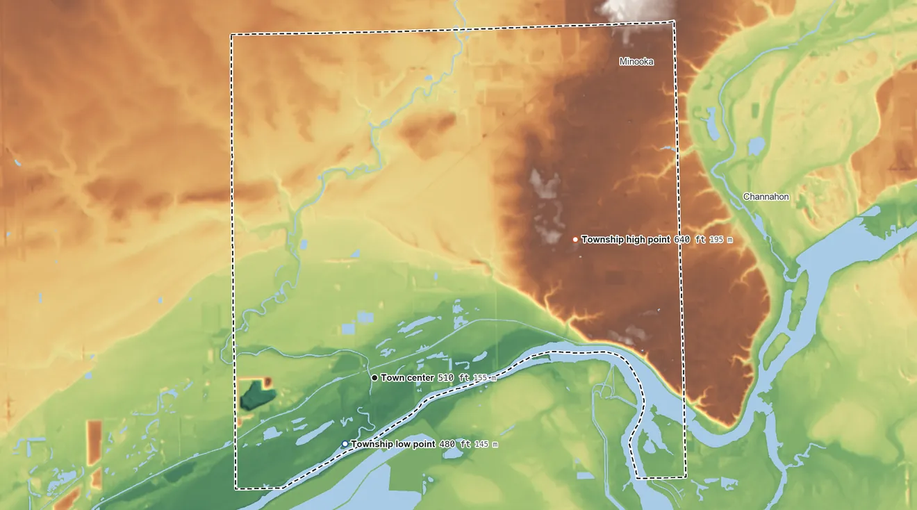 Topographic elevation map of Aux Sable Township, Illinois, shaded from 480 ft on the southwest side to 640 ft on the northeast side