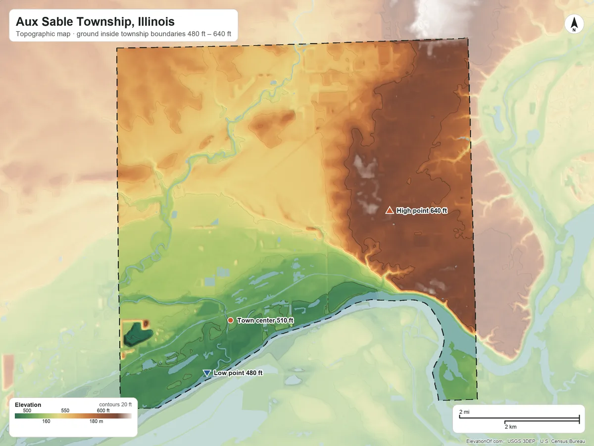 Topographic elevation map of Aux Sable Township, Illinois, shaded from 480 ft on the southwest side to 640 ft on the northeast side