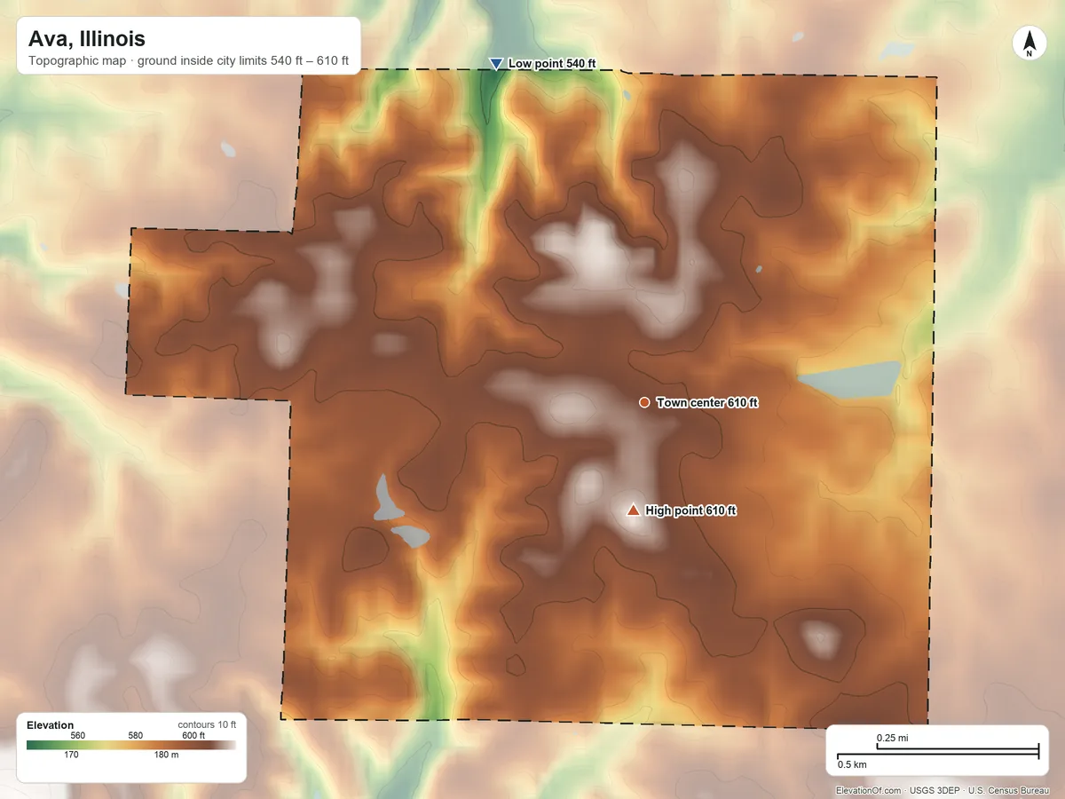 Topographic elevation map of Ava, Illinois, shaded from 540 ft on the northwest side to 610 ft on the south side