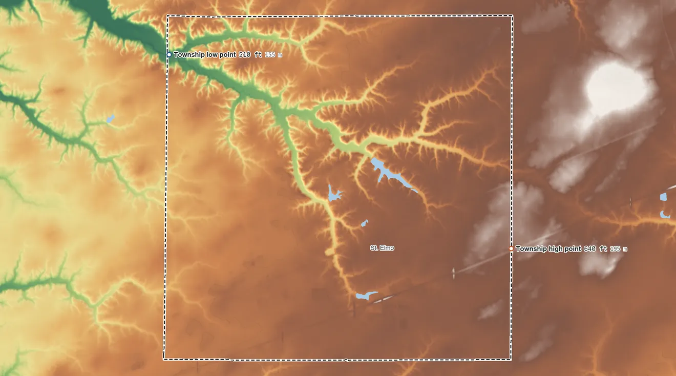 Topographic elevation map of Avena Township, Illinois, shaded from 510 ft on the northwest side to 640 ft on the east side
