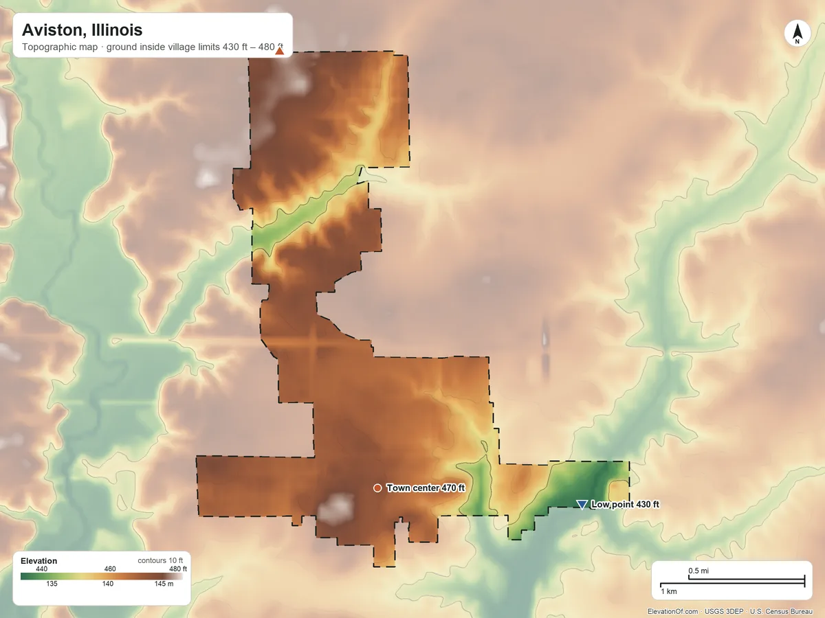 Topographic elevation map of Aviston, Illinois, shaded from 430 ft on the east side to 480 ft on the north side