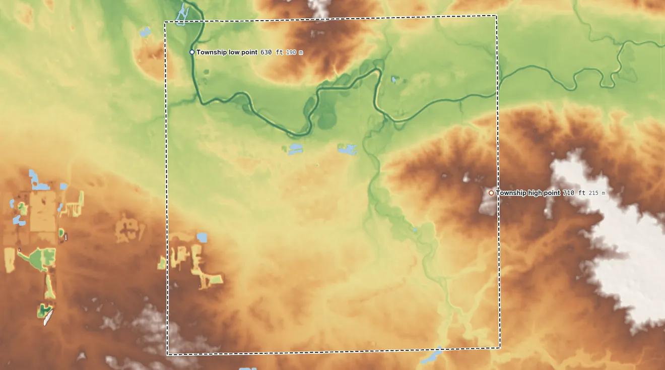 Topographic elevation map of Avoca Township, Illinois, shaded from 630 ft on the northwest side to 710 ft on the east side