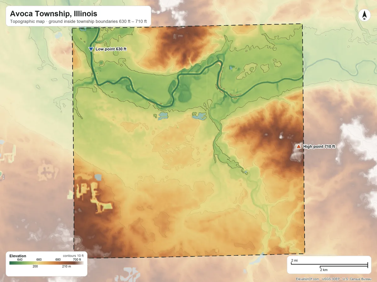 Topographic elevation map of Avoca Township, Illinois, shaded from 630 ft on the northwest side to 710 ft on the east side