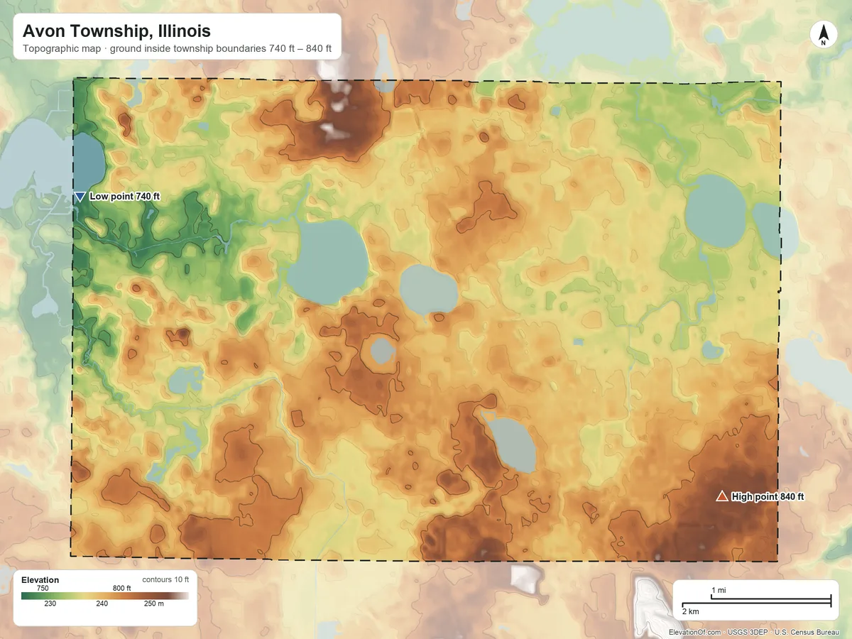 Topographic elevation map of Avon Township, Illinois, shaded from 740 ft on the west side to 840 ft on the southeast side