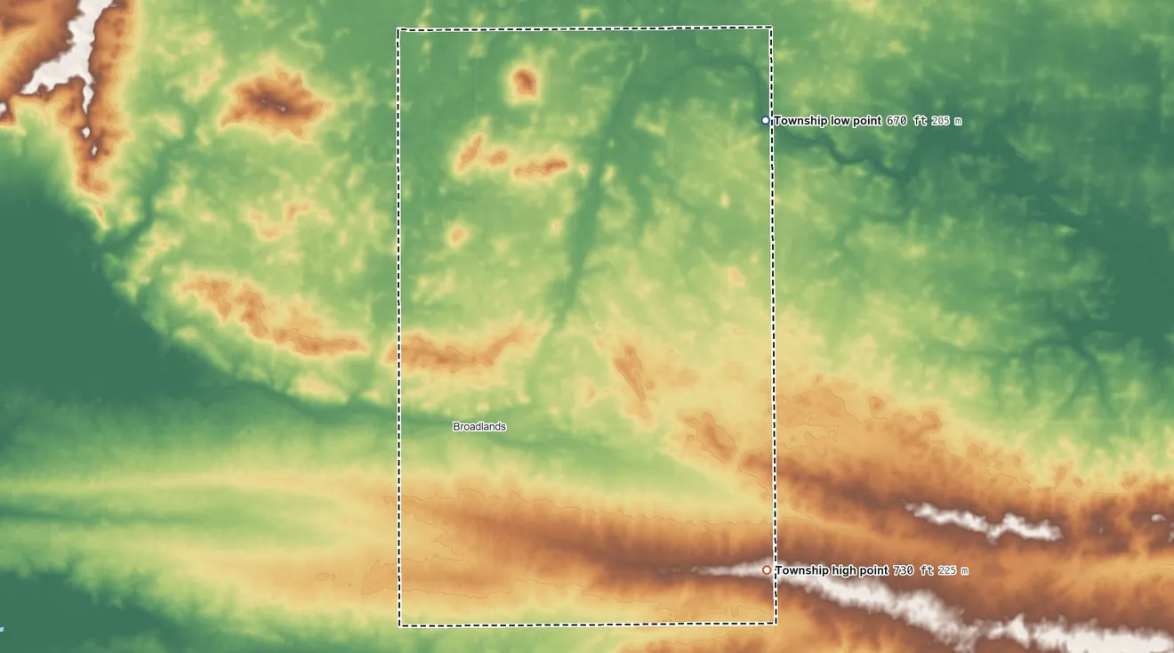 Topographic elevation map of Ayers Township, Illinois, shaded from 670 ft on the northeast side to 730 ft on the southeast side