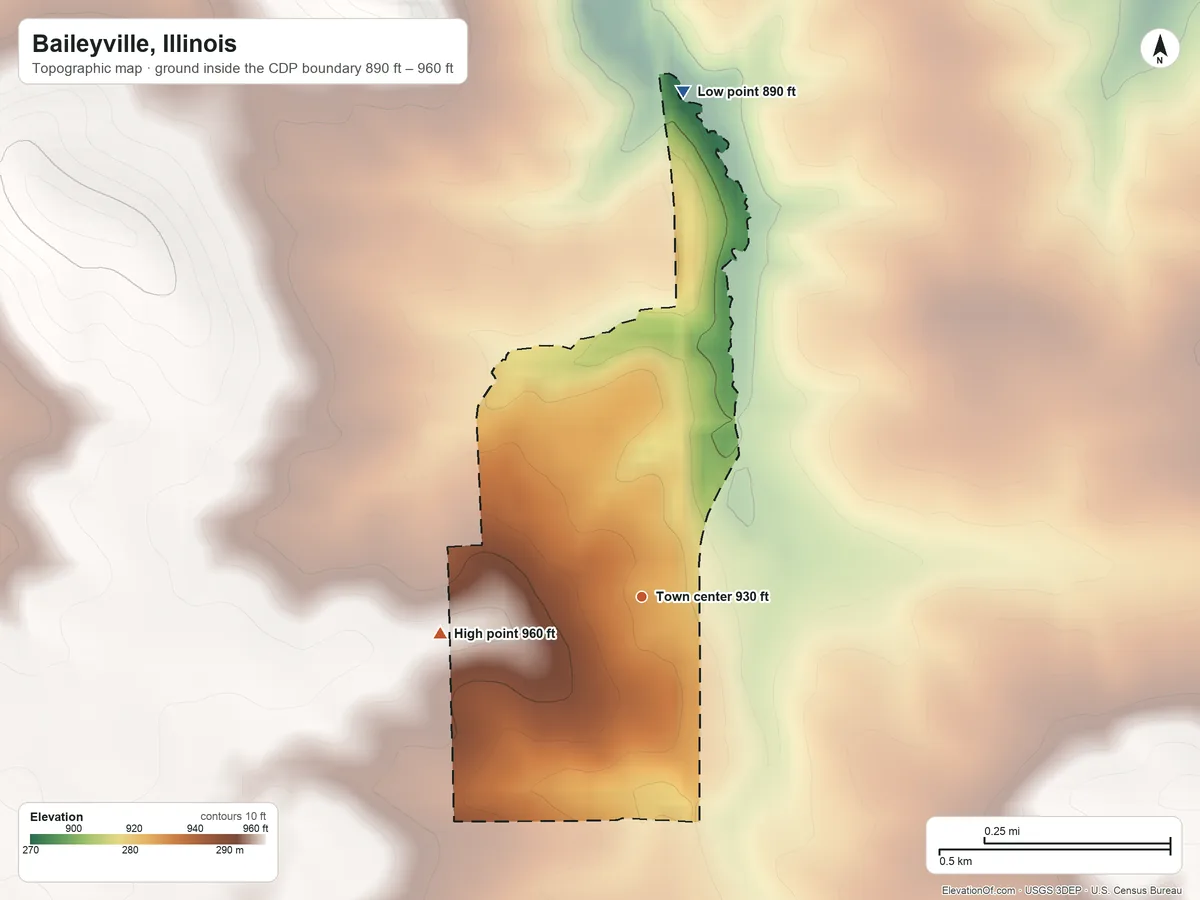Topographic elevation map of Baileyville, Illinois, shaded from 890 ft on the north side to 960 ft on the west side