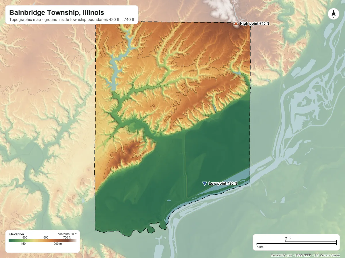 Topographic elevation map of Bainbridge Township, Illinois, shaded from 420 ft on the southeast side to 740 ft on the northeast side