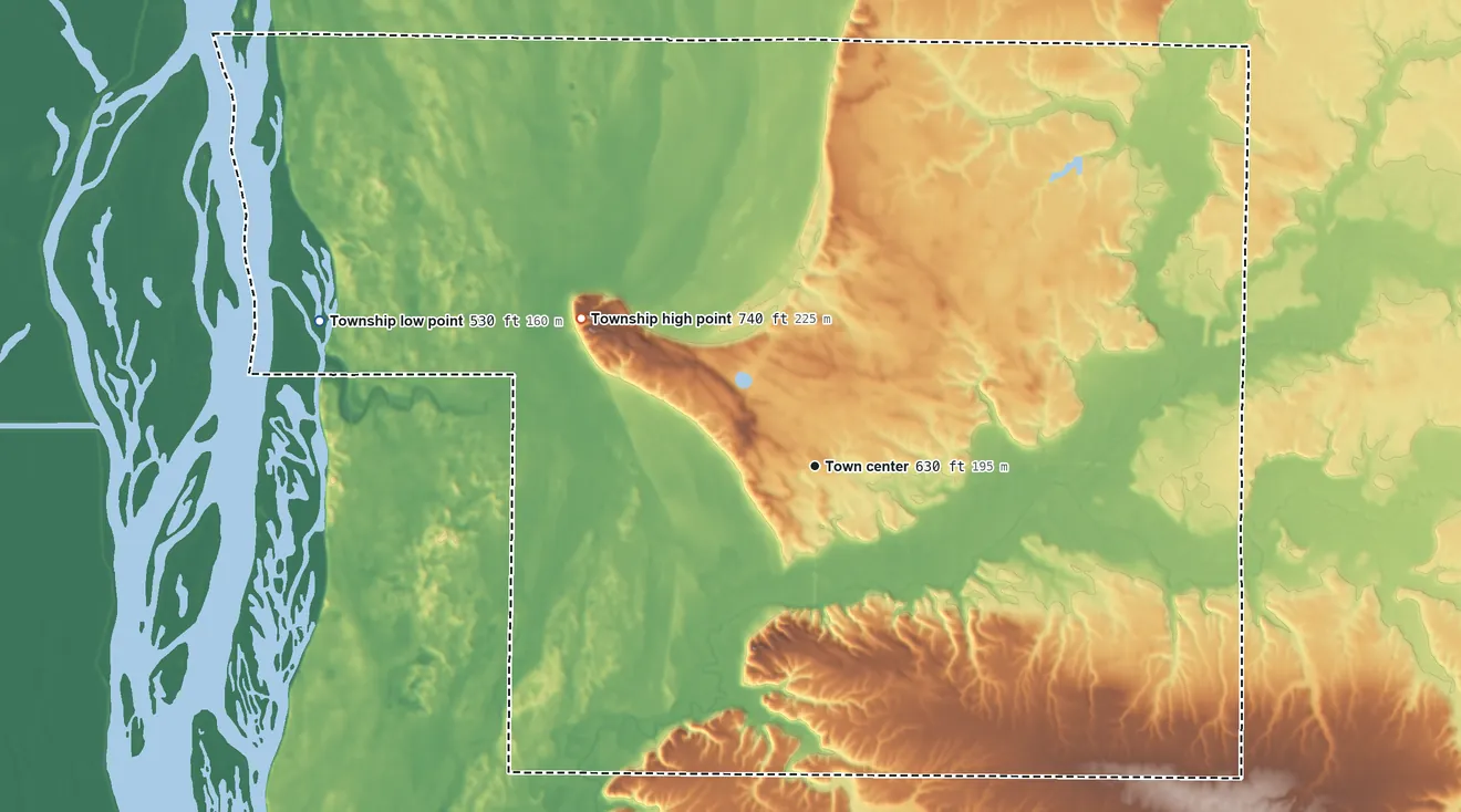 Topographic elevation map of Bald Bluff Township, Illinois, shaded from 530 ft on the west side to 740 ft on the northwest side