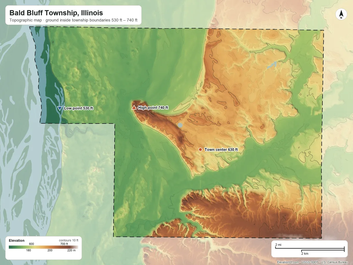 Topographic elevation map of Bald Bluff Township, Illinois, shaded from 530 ft on the west side to 740 ft on the northwest side