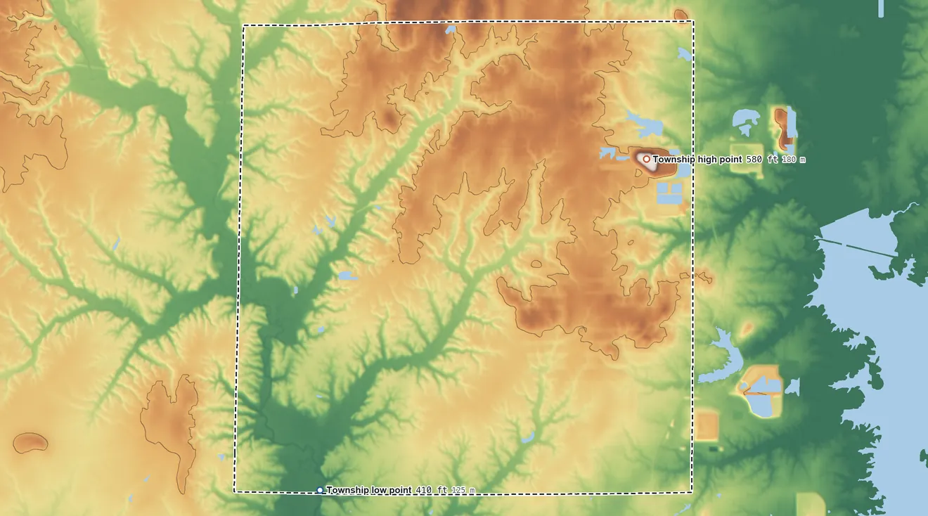 Topographic elevation map of Bald Hill Township, Illinois, shaded from 410 ft on the southwest side to 580 ft on the east side