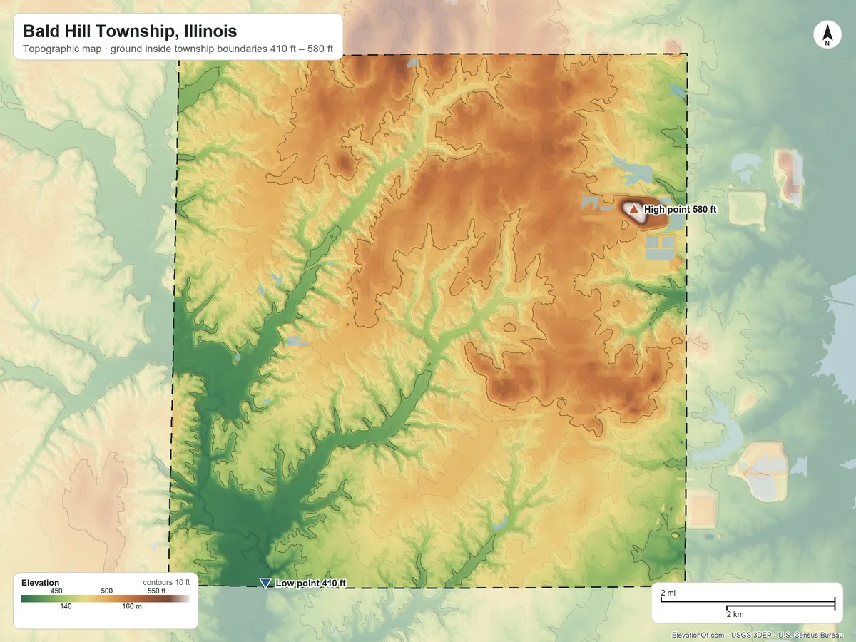 Topographic elevation map of Bald Hill Township, Illinois, shaded from 410 ft on the southwest side to 580 ft on the east side