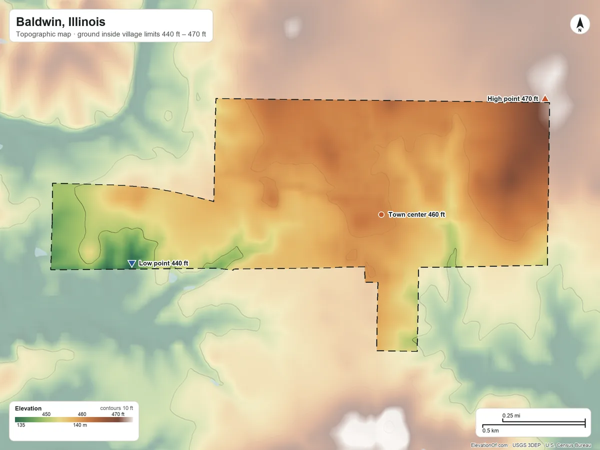 Topographic elevation map of Baldwin, Illinois, shaded from 440 ft on the west side to 470 ft on the northeast side